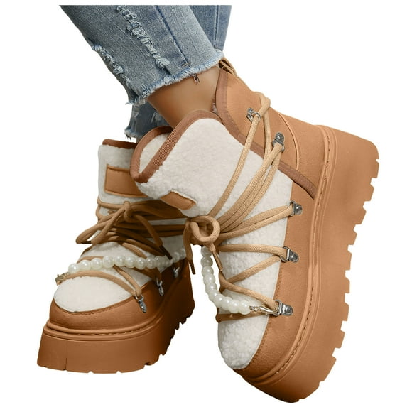 Pandaie Women's Platform Mini Snow Boots Suede Slip on Fleece Lined Winter Booties Lace up Round Toe Outdoor Walking Ankle Boots Brown 8.5