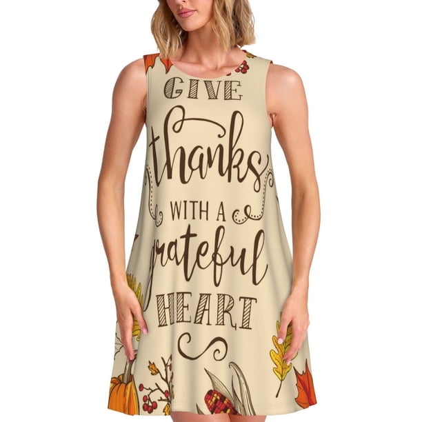 Easygdp Thanksgiving With A Grateful Heart para Vestido Transpirable de Mujer, Vestido Suelto de Manga Corta con Pliegues y Bolsillos para el Verano