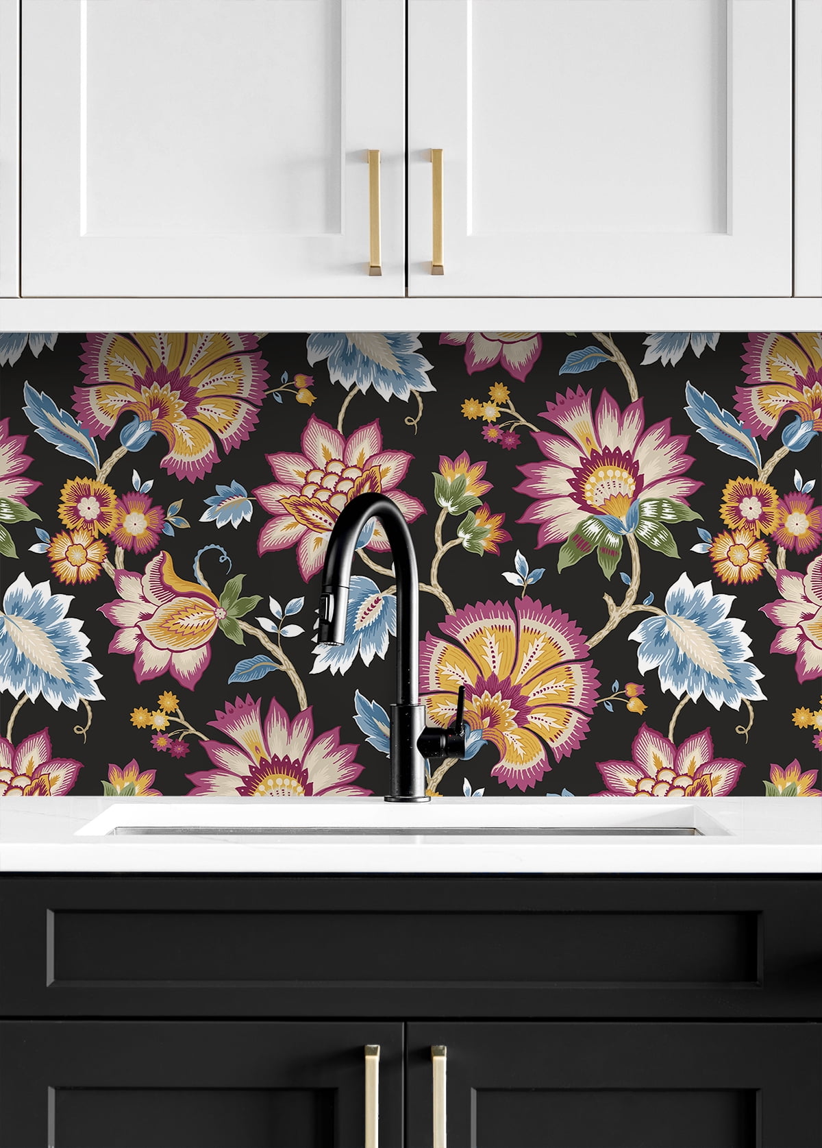 NextWall Cosmic Black Jacobean Blossom Floral Peel and Stick Wallpaper