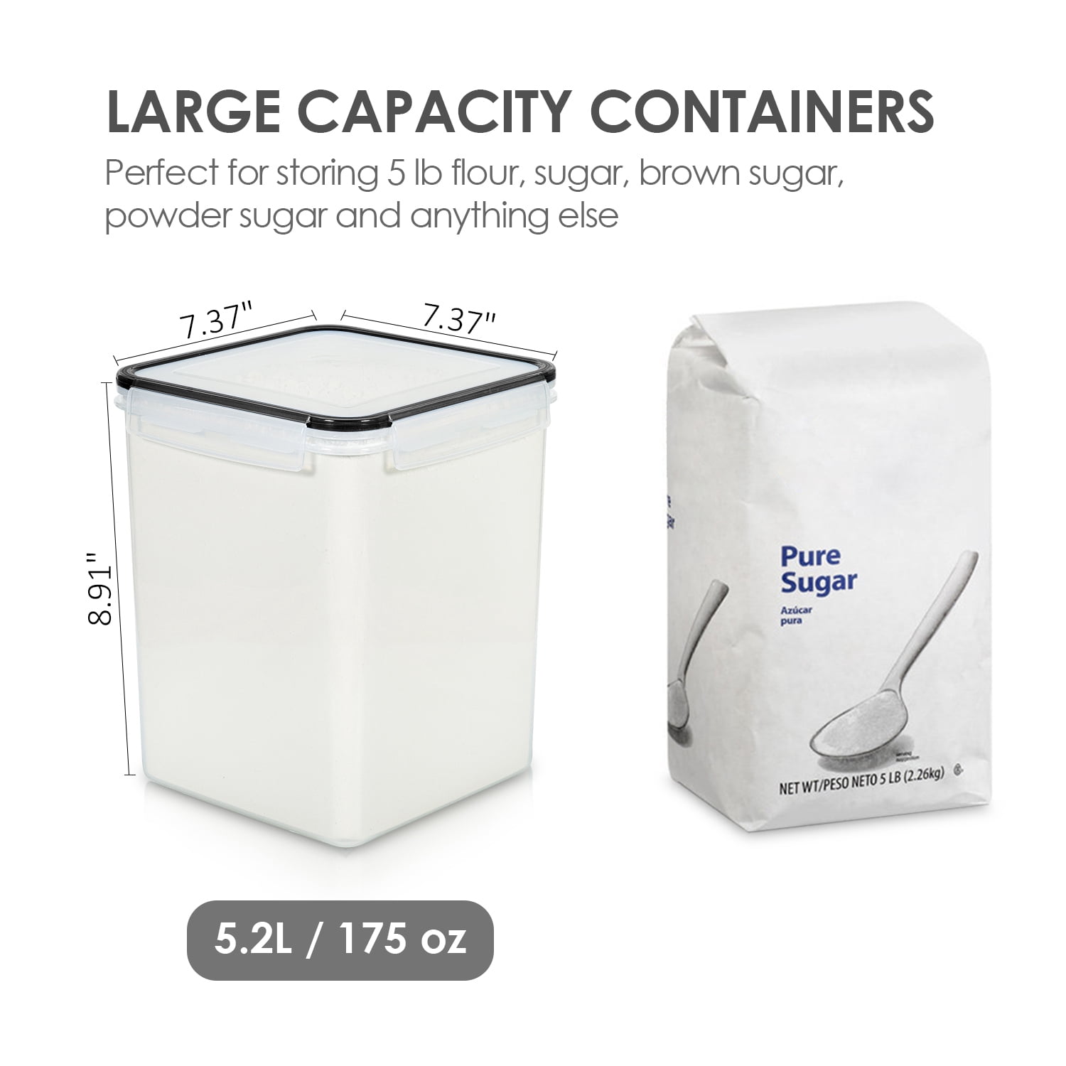 Sindcom 4 PCS Large Food Storage Containers 5.2L / 175oz, 4 Pieces BPA Free Plastic Airtight Canisters for Flour, Sugar, Baking Supplies, Rice with Lids, 4 Measuring Cups and 24 Labels, Black