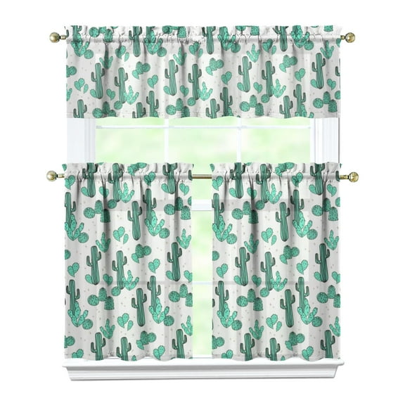 Kitchen Curtains 36 Inch Short - 3 Panel Set, Rod Pocket Window Curtain with Boho Cactus and Succulent Art, 100% Polyester for Farmhouse, Cafe, Kitchen, Bedroom, Easy Wash