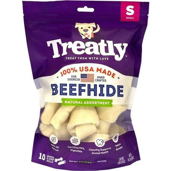 Treatly 12132 100 Percent USA Beefhide Bones & Rolls - Natural - Small - 10 per Pack - Pack of 10