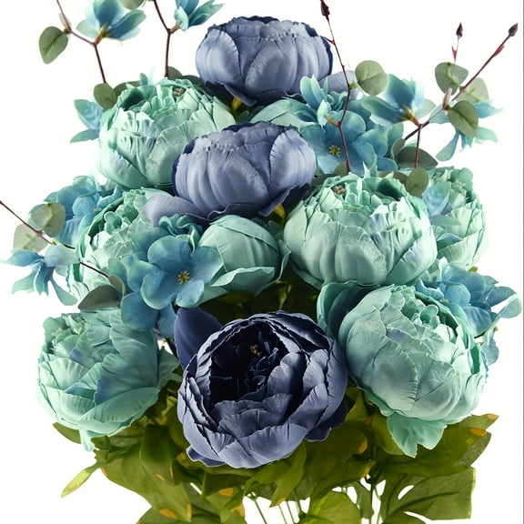 1pc Artificial Peony Bouquet | Real Touch Flowers in Blue & Green for Wedding Centerpieces, Home Decor, and Holiday Arrangements, Festive Home Decor | Flexible Flower Stems, Bouquet Accessories