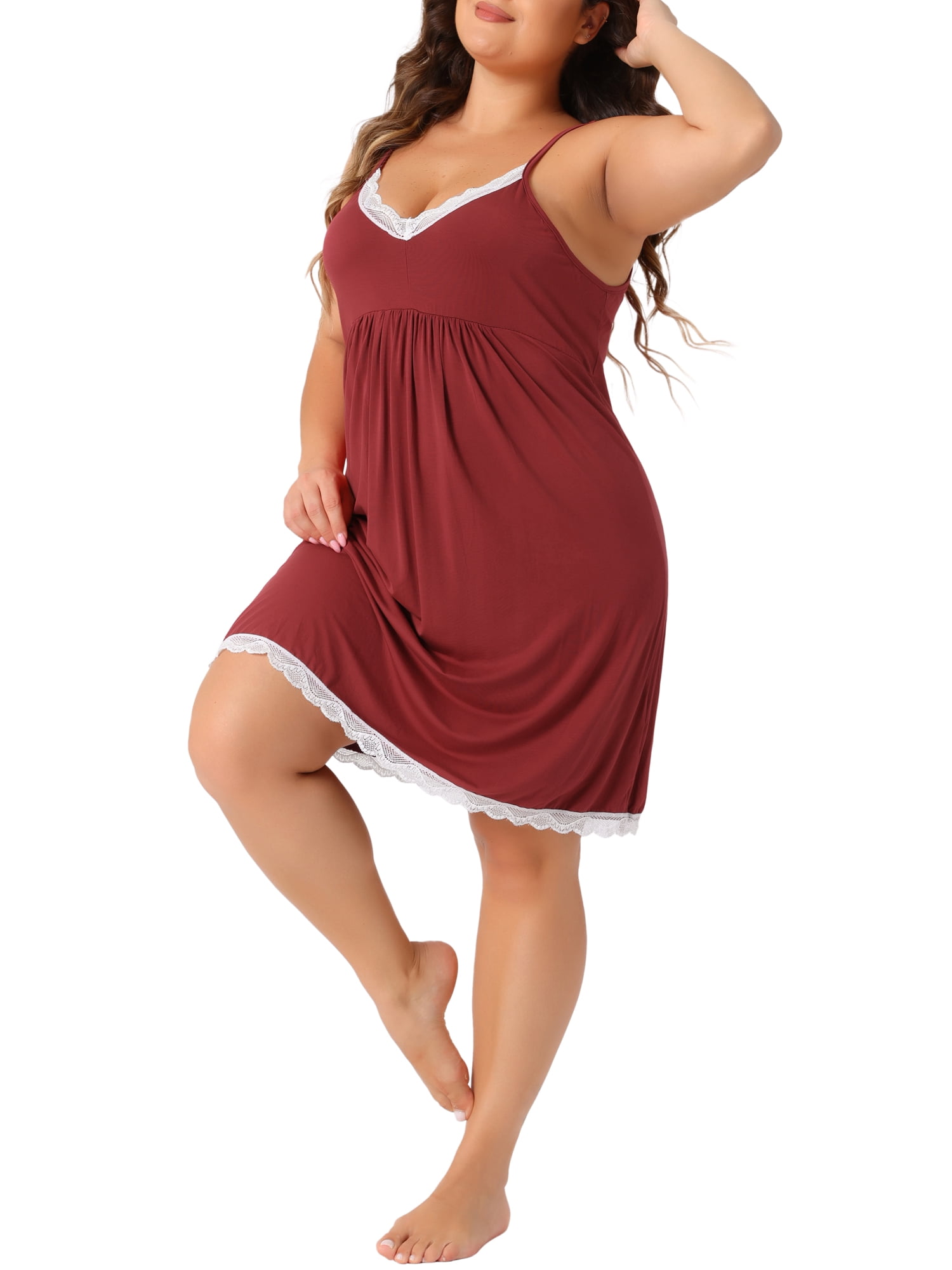 Agnes Orinda Women's Plus Size Pajama Lace Spaghetti Straps Babydoll Chemise Nightgown Lingerie V Neck Nightdress 4X Red