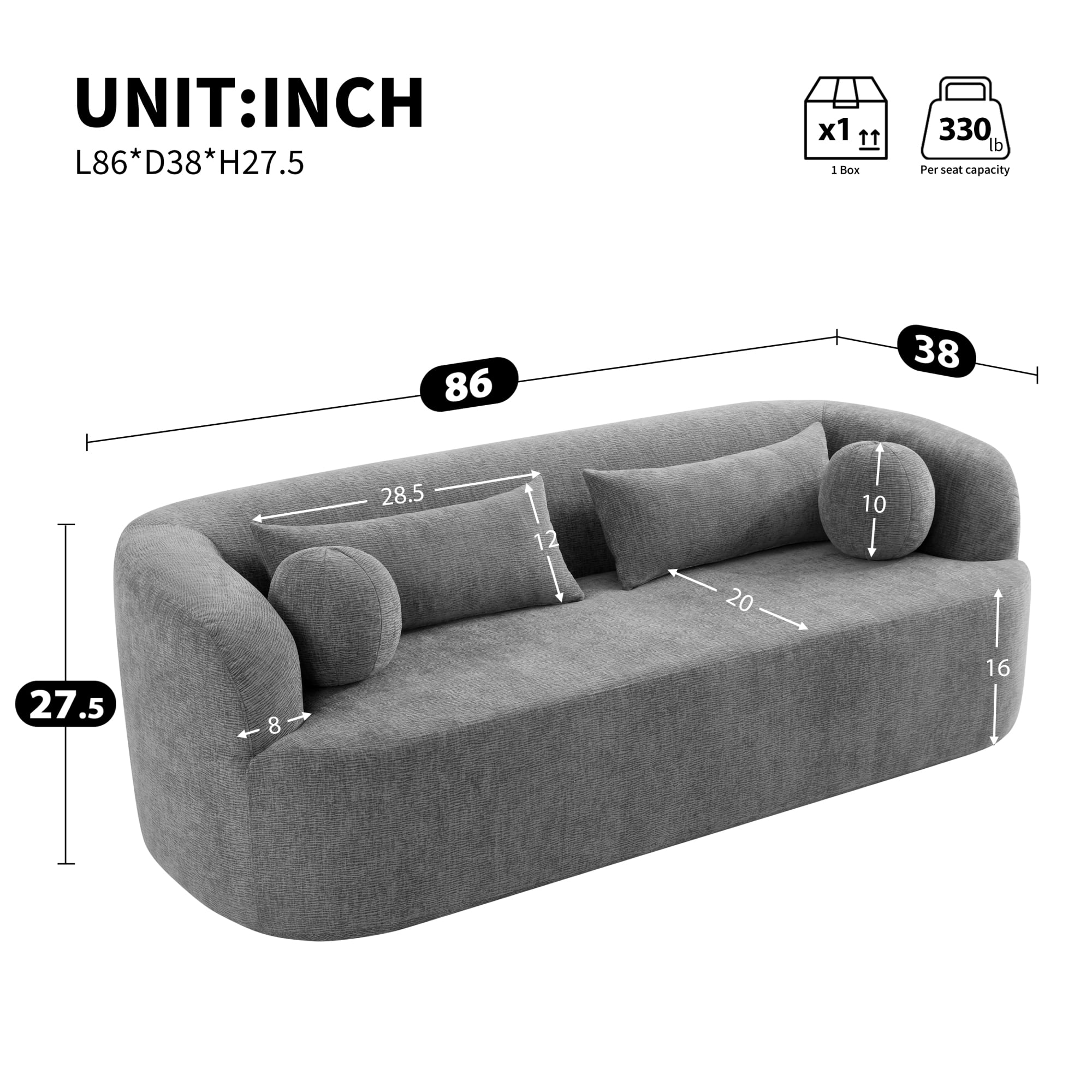 Leumius 86" Chenille Boneless Couch, Upholstered Sofa with Pillows, No Assembly Curved Cloud Couch with High-Density Foam, 3-Seater Luxury Modern Compressed Sofa for Living Room&Apartment Gray