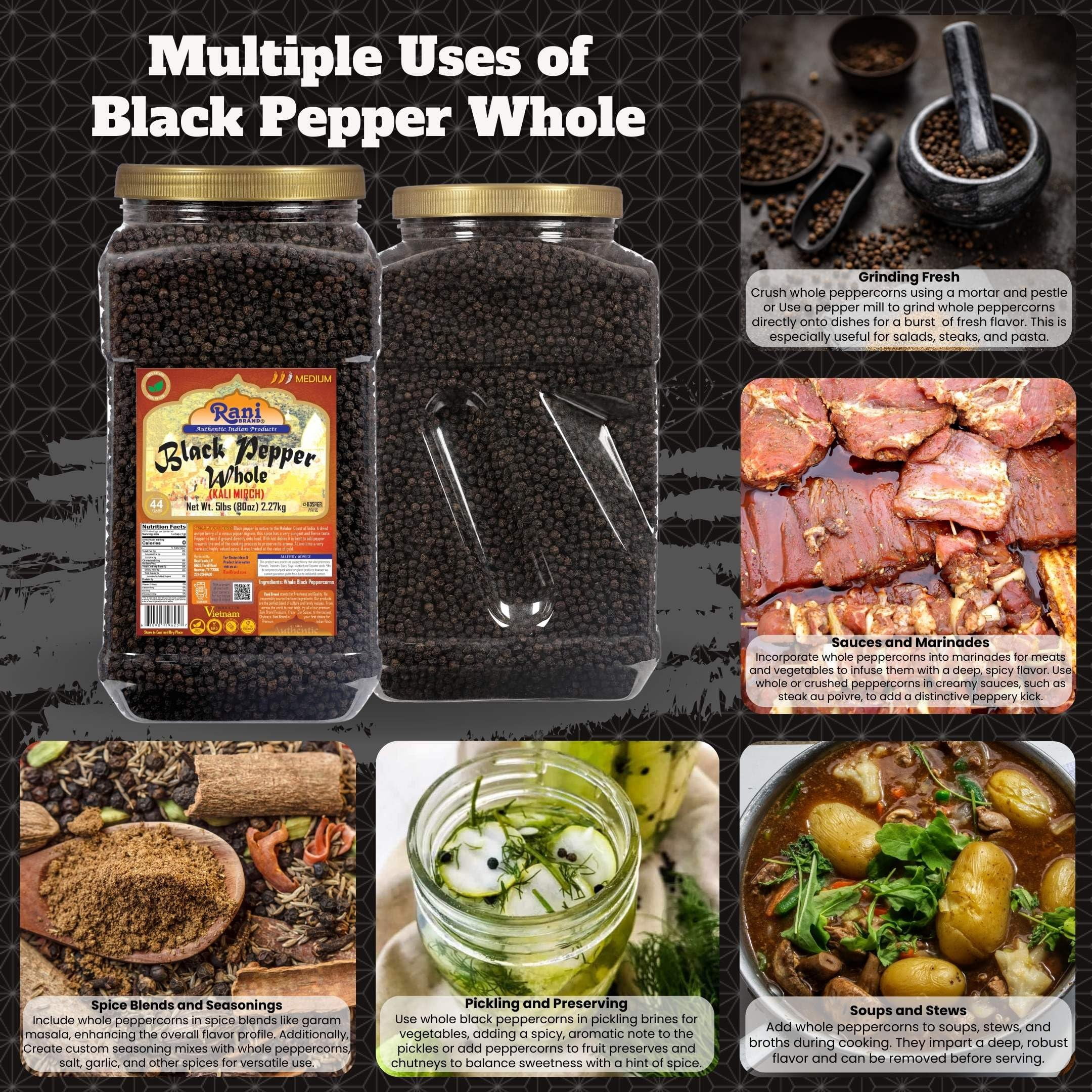 Rani Black Pepper Whole (Peppercorns), Premium MG-1 Grade 80oz (5lbs) 2.27kg Bulk PET Jar ~ All Natural | Gluten Friendly | Non-GMO | Kosher | Perfect size for Grinders!