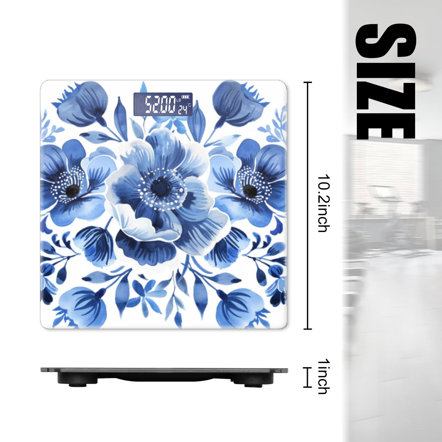 High Precision Body Weight Scale Smart Bathroom Scales with Large LCD Display(400lbs),Decorative for Bedroom-Seamless Pattern Of Large Blue Flowers With White Background