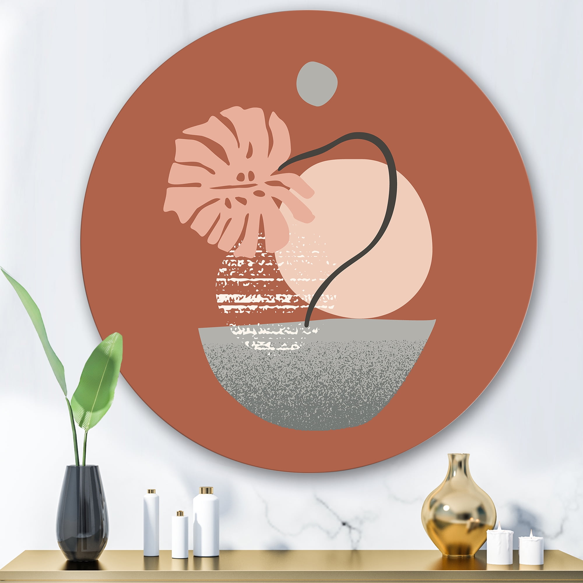 Designart 'Abstract Geometry Shapes and Tropical Palm Leaf IV' Modern Circle Metal Wall Art 36x36 - Disc of 36