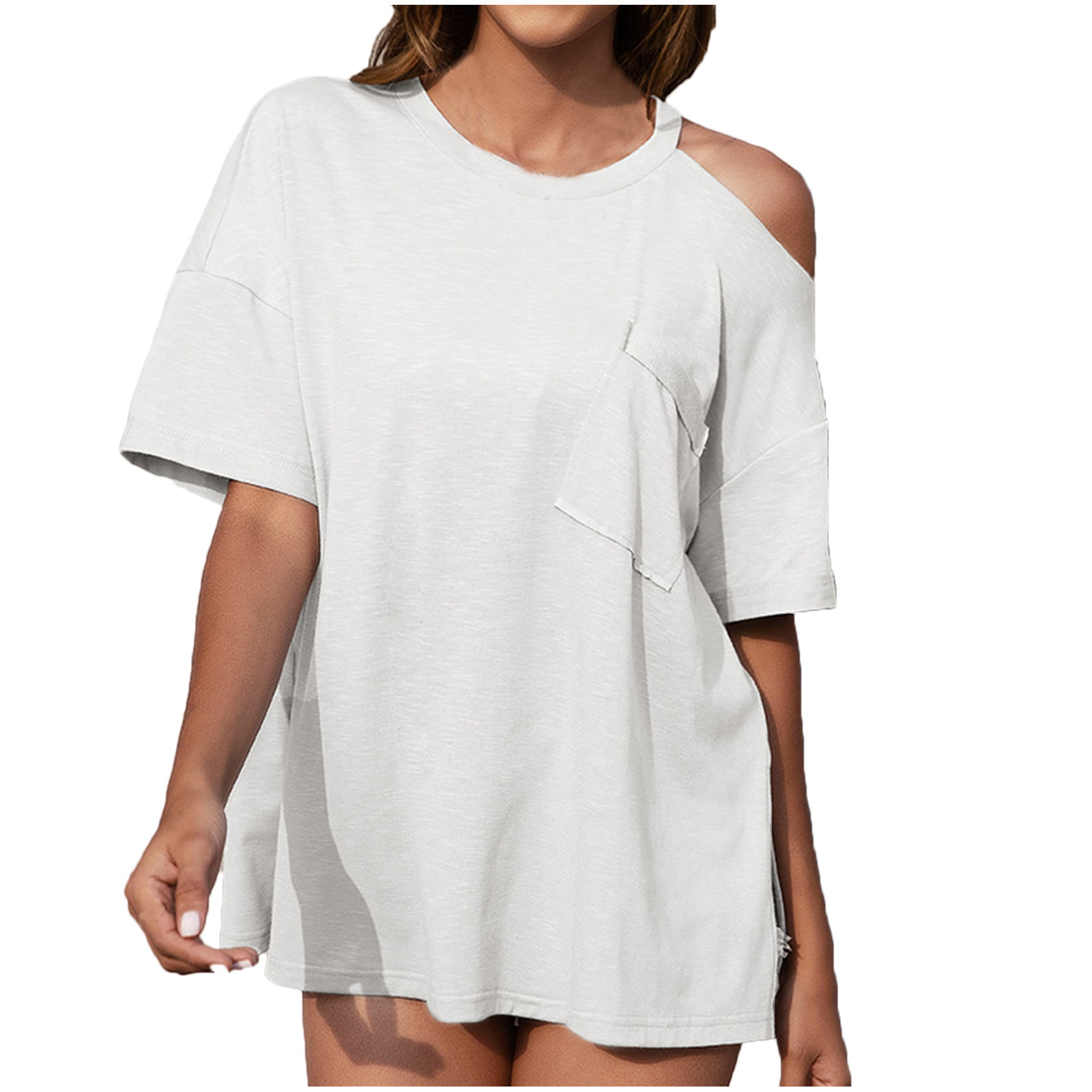 One Shoulder Tops for Women Oversized Short Sleeve Tees Pocket Crewneck Trendy Summer Blouses Loose Fit T-Shirts - Walmart.com