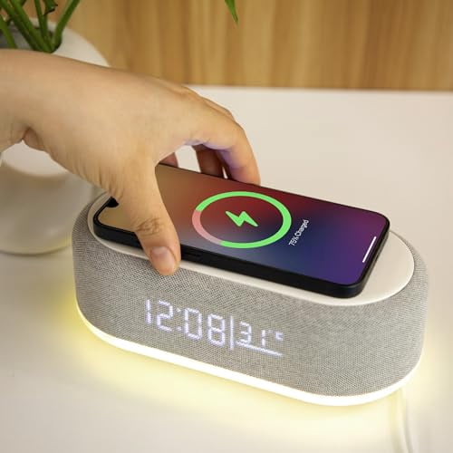 Westclox Digital Alarm Clock with Wireless Charging, Night Light, and Dimmer | LED Display with Temperature & Date | Modern Bedroom Clock for Adults