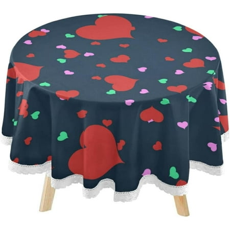 SKYSONIC Colorful Heart Round Tablecloth 60inch Indoor Wrinkle Free, Happy Valentine's Day Circular Lace Table Cover Washable for Kitchen Dining Decor