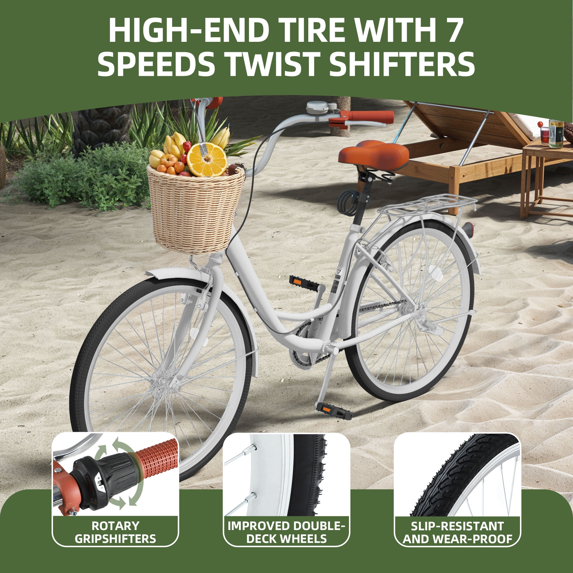 Uforic Women's 26" Beach Cruiser Bike, 7-Speed Adjustable, White