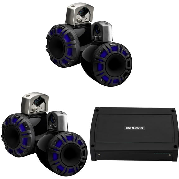 Kicker Marine 4 Ch Amp & ( 2 pair ) 6.5" LED KMXL Charcoal Tower Speaker Audio Upgrade ( 48KXMA500.4, 51KMTCXL65)