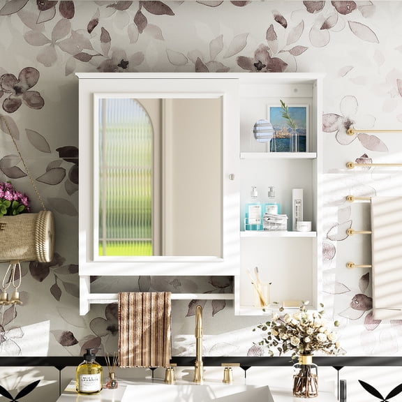 Modern Bathroom Wall Mounted Storage, White Painted Cabinet, Large Mirror, Adjustable Shelves Storage Mirror Door, Interior Shelves, Space Saving Idea