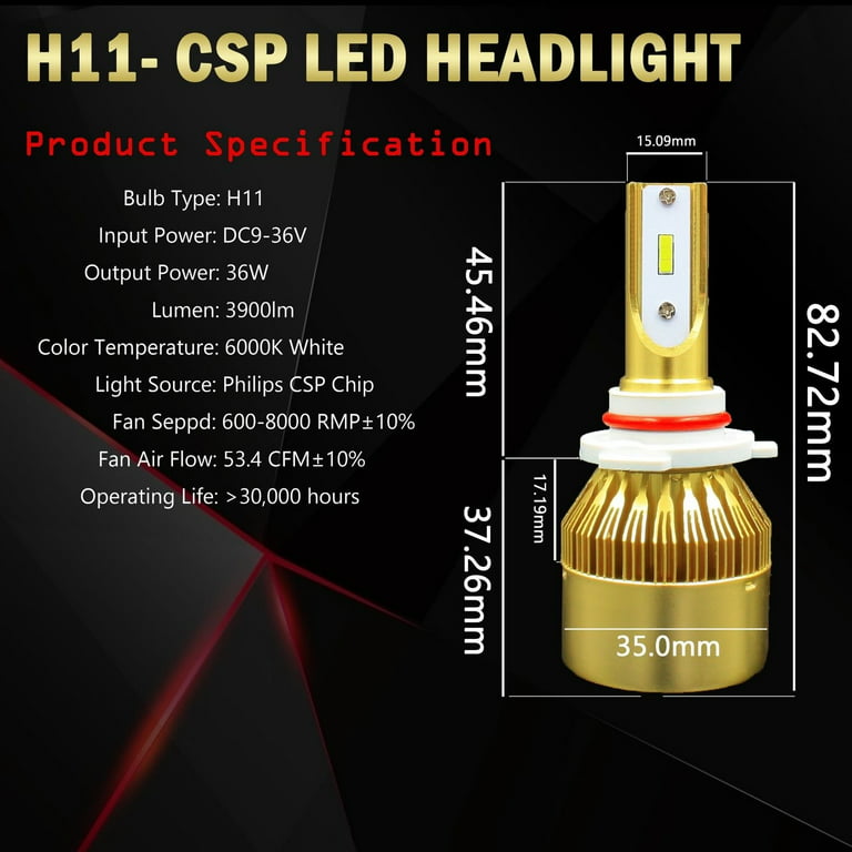 Immunitet Overlevelse betale Wideskall H8 H9 H11 PHILIPS CSP LED Headlight Bulb Conversion Kit 6000K Low  Beam Bulbs - Walmart.com