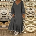 thumbnail image 2 of Womens Puff Long Sleeve Lace Hollow Out Maxi Dress V Neck Loose Flowy Ruffle Long Maxi Dress Solid Color Fall Dress, 2 of 7