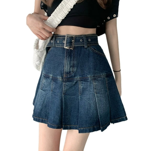 Yokua Womens Jean Skirt Casual High Waist A-Line Ruffle Pleated Denims Mini Skirt