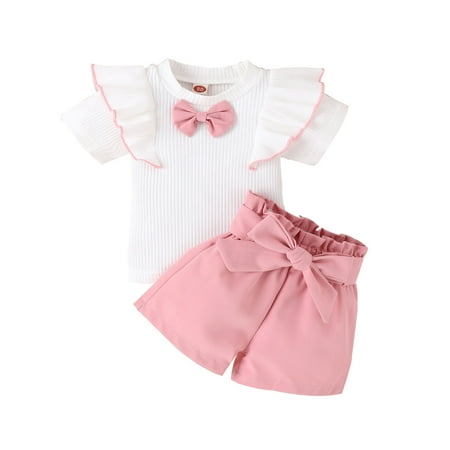 

Toddler Girls Short Sleeve Ruffles Ribbed T Shirt Tops Shorts Outfits Girl Size 14 16 Clothes