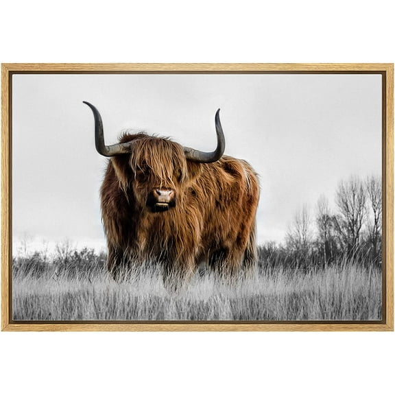 wall26 Framed Canvas Print Wall Art Duotone Brown Buffalo Bison Mountain Valley Nature Animals Photography Realism Rustic Scenic Landscape Colorful for Living Room, Bedroom, Office - 16"x24"