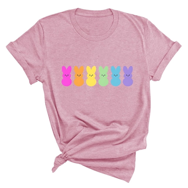 Plebaso T-Shirts de Pâques pour Femmes Manches Courtes Imprimés Graphiques Hauts Été Décontractés Amples