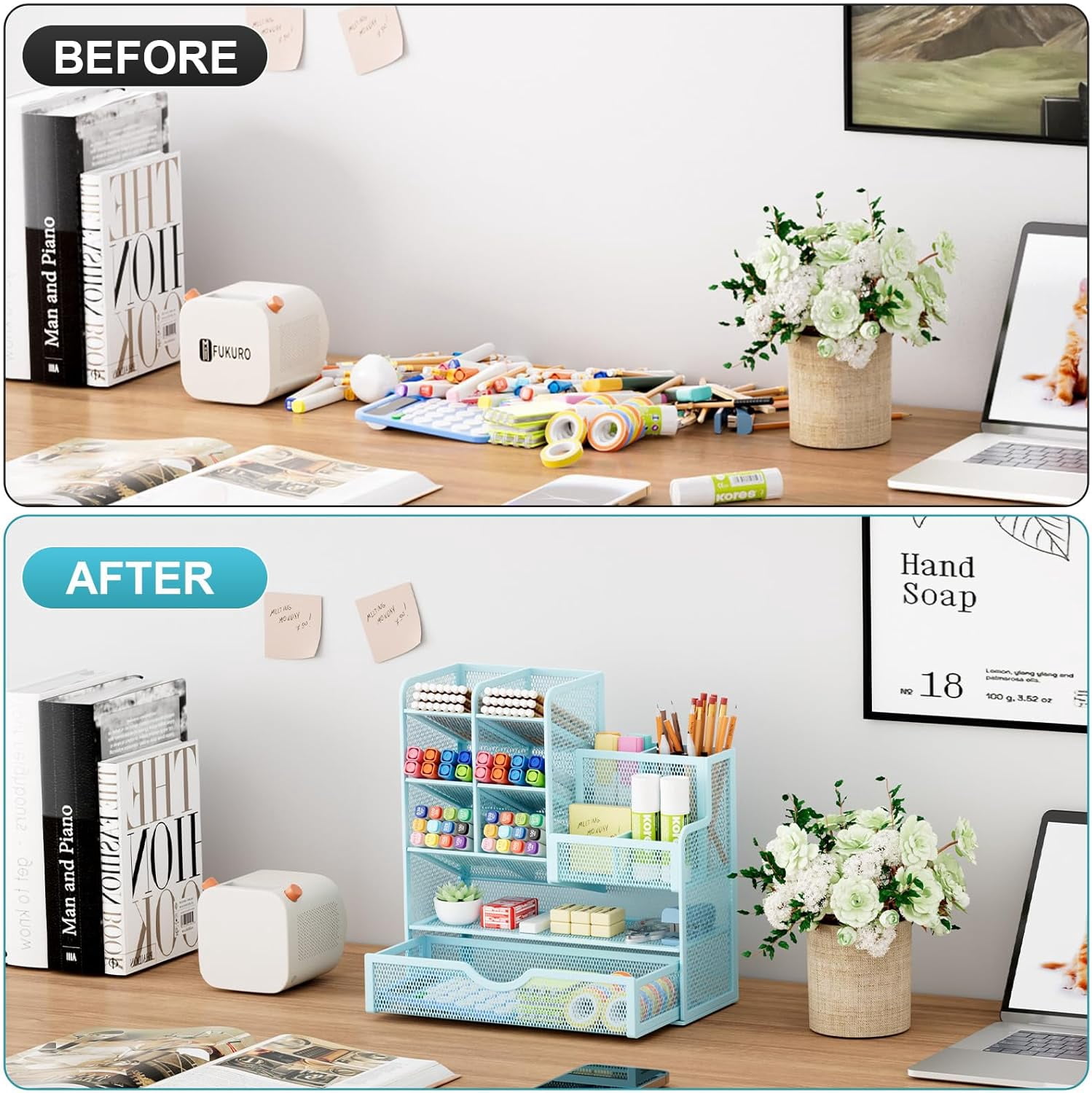 Mesh Pen Holder for Desk, Multi-Functional Pencil Organizer with Drawer, Desk Organizers and Accessories for Office Art Supplies (Blue)