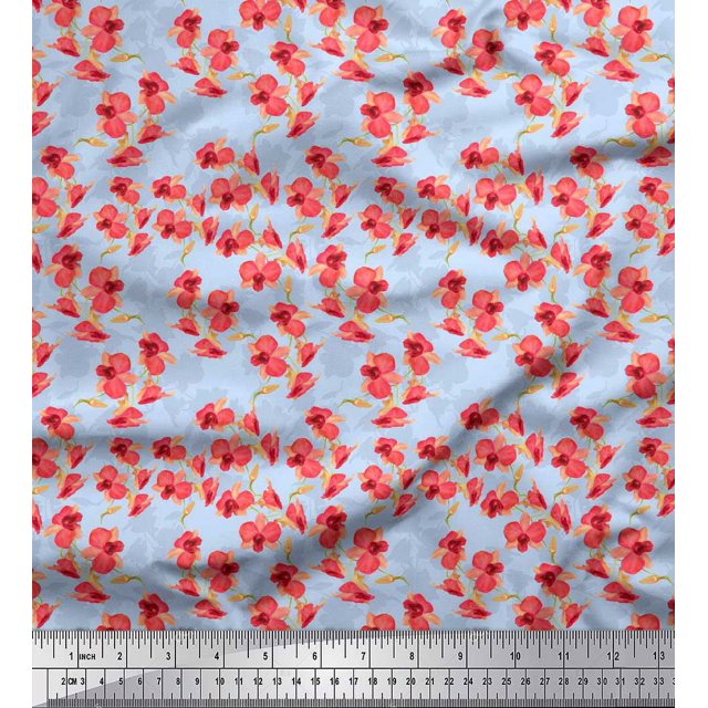 Soimoi Blue polyester Crepe Fabric Artistic Floral Fabric Prints By Yard 52 Inch Wide