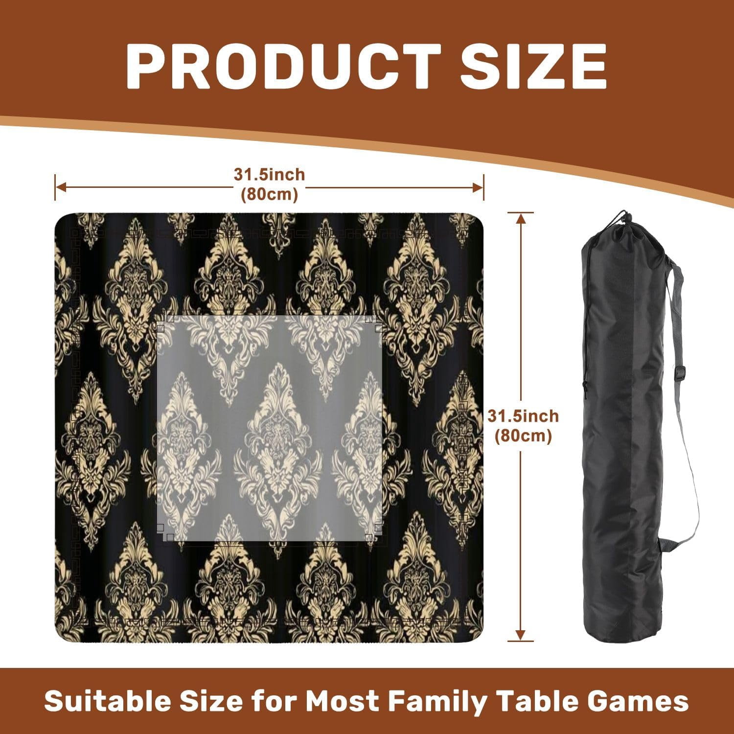 Mahjong Mat 31.5" x 31.5" Floral Vintage Baroque Style Seamless Gold Black Non-Slip Noise Reduction Mahjong Tiles Table Cover for Dominoes Poker Card Board and Tile Games