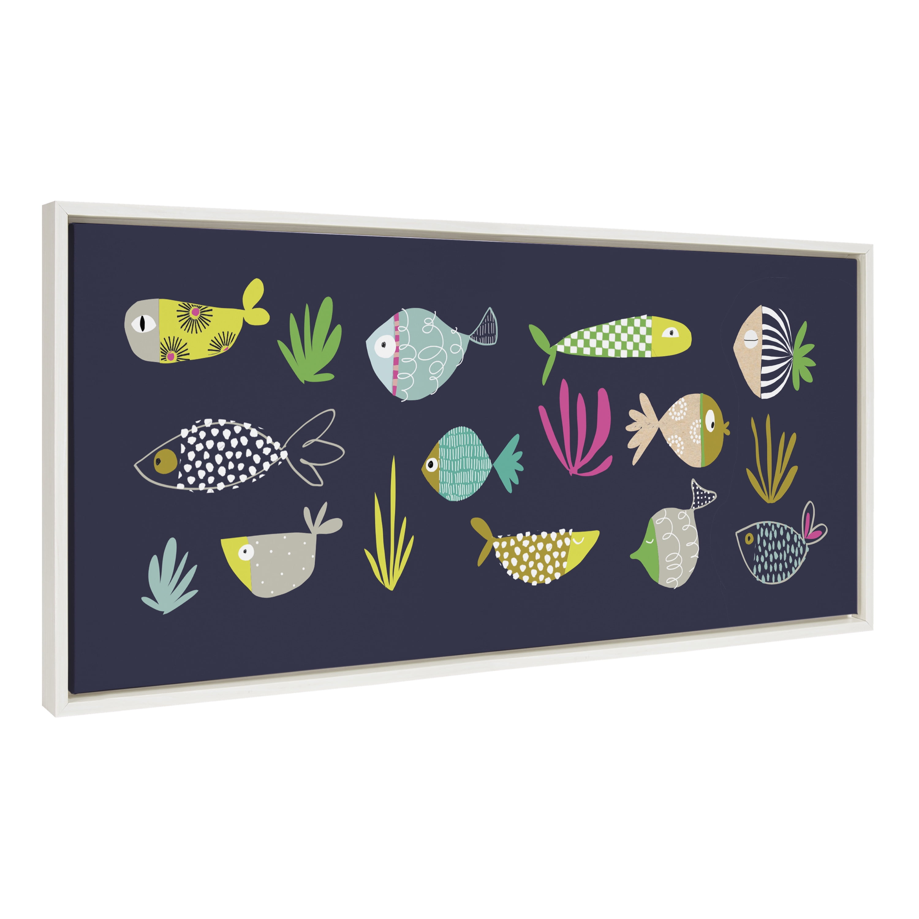 Colorful Fish Illustration on White Framed Canvas, 18x40