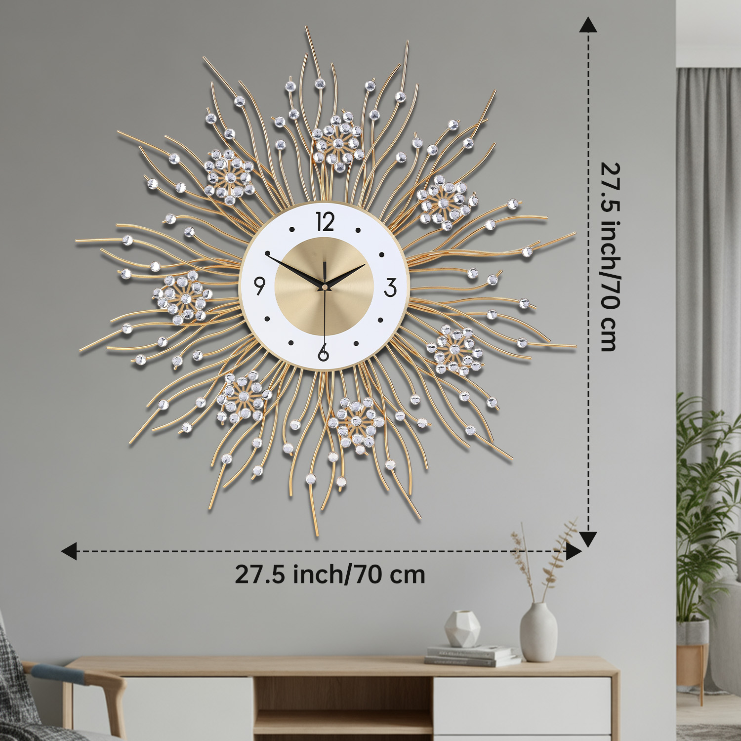 Luxury Sunburst Wall Clock with Crystal Accents -27.5 Inches Clock  Christmas & New Year Modern Decor for Living Room, Bedroom, Office