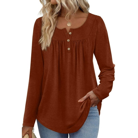 Long Sleeve Shirts for Women Fall Outfits Crew Neck Casual Tunic Tops Trendy Blouses Fashion Clothing Dark Brown XXL
