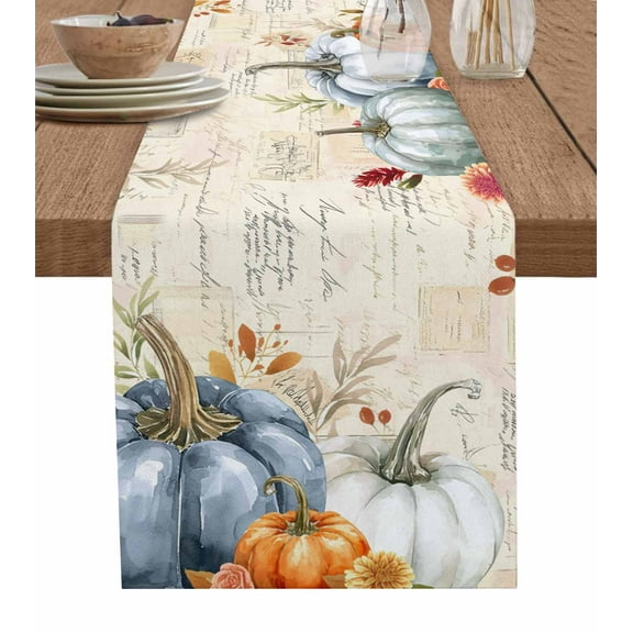 Gray Orange Pumpkin Fall Burlap Cotton Table Runner 13x108 Inches Long, Thanksgiving Floral Leaves Retro Farmhouse Table Runners, Outdoor Dining Tablecloths Decor for Baby Shower/Party/Wedding