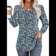 thumbnail image 1 of Blusas Plisadas de Larga Abullonada para Mujer, Cuello Redondo, Elegantes, Informales, Holgadas, para Invierno y . Flores Azules XL, 1 of 5