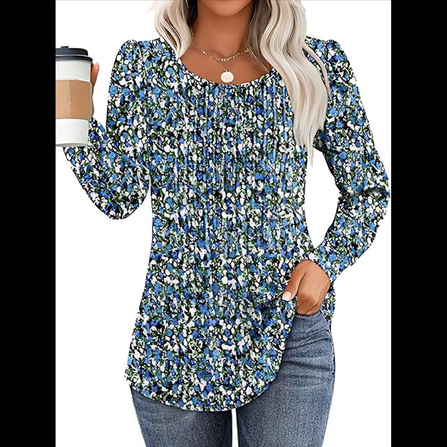 Blusas Plisadas de Larga Abullonada para Mujer, Cuello Redondo, Elegantes, Informales, Holgadas, para Invierno y . Flores Azules XL