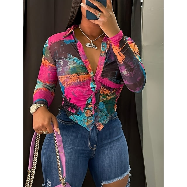 T-Shirt à Col Imprimé Intégral à Manches Longues Confortable pour Femmes
