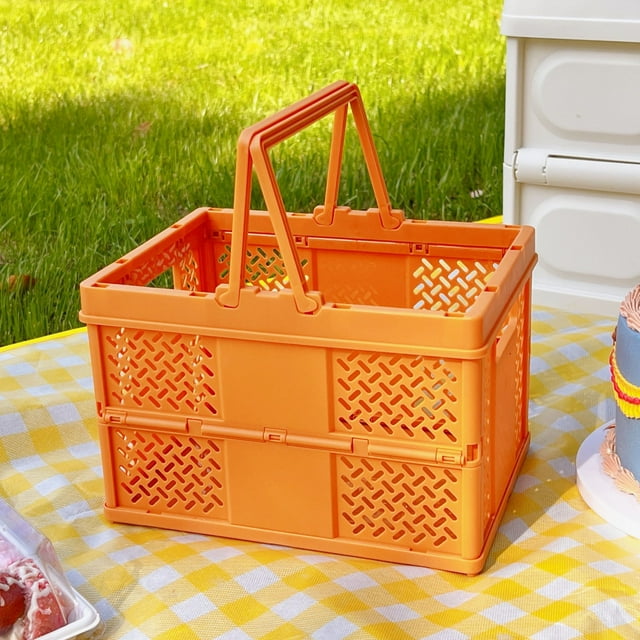 Plastic Folding Picnic Basket Stackable Storage Box Plastic Grocery Shopping Basket with Handles for Outdoor Home