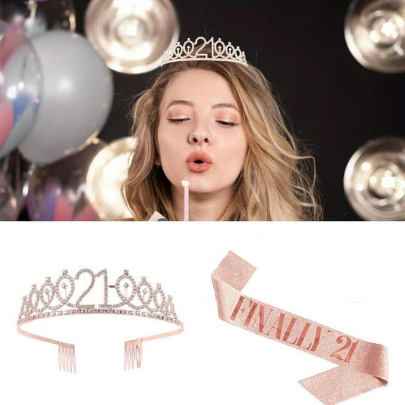 2Pcs Ladies' 21st Birthday Crowns and Sashes, Metal Princess Tiara Headband Elegant Rose Gold Crown with Combs, Goddess Fashion Accessories, Suitable Birthday Party, Gifts