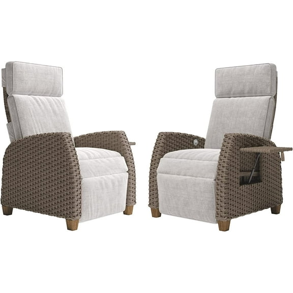 Grand Patio Set of 2 Recliner Chair, PE Hand-Woven Wicker Lounge Chair, Mist Gray