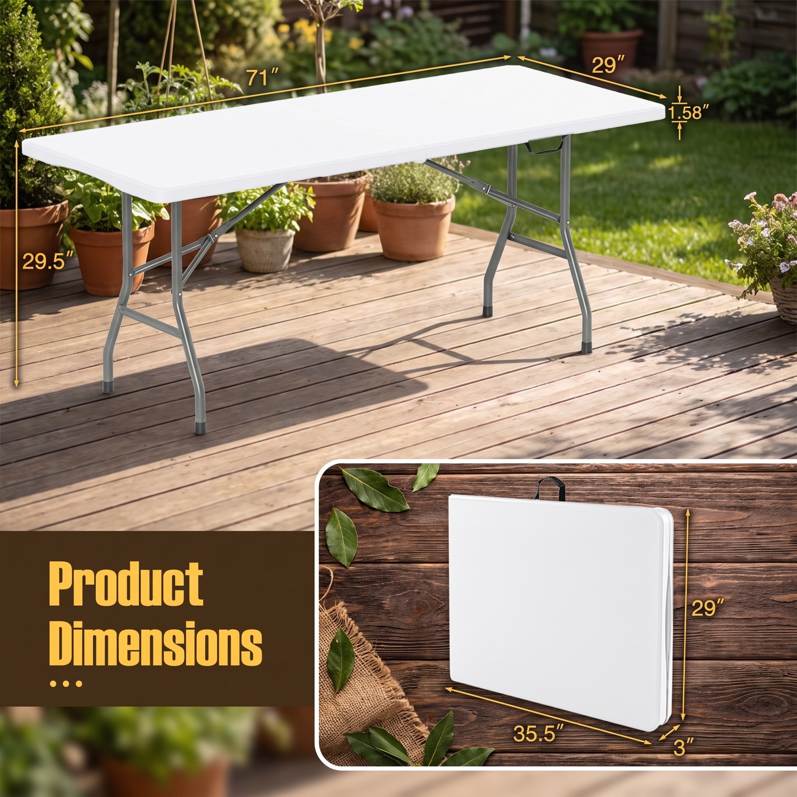 Furnibear 6 FT Portable Folding Table, 350 LBS Fold-in-Half Utility Table with Waterproof HDPE Tabletop and Carrying Handle for Picnic Camping Party Indoor, White