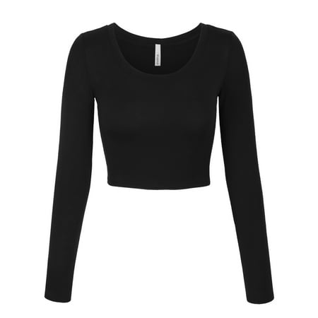 KOGMO Womens Long Sleeve Crop Top Solid Round Neck T Shirt - Walmart.com