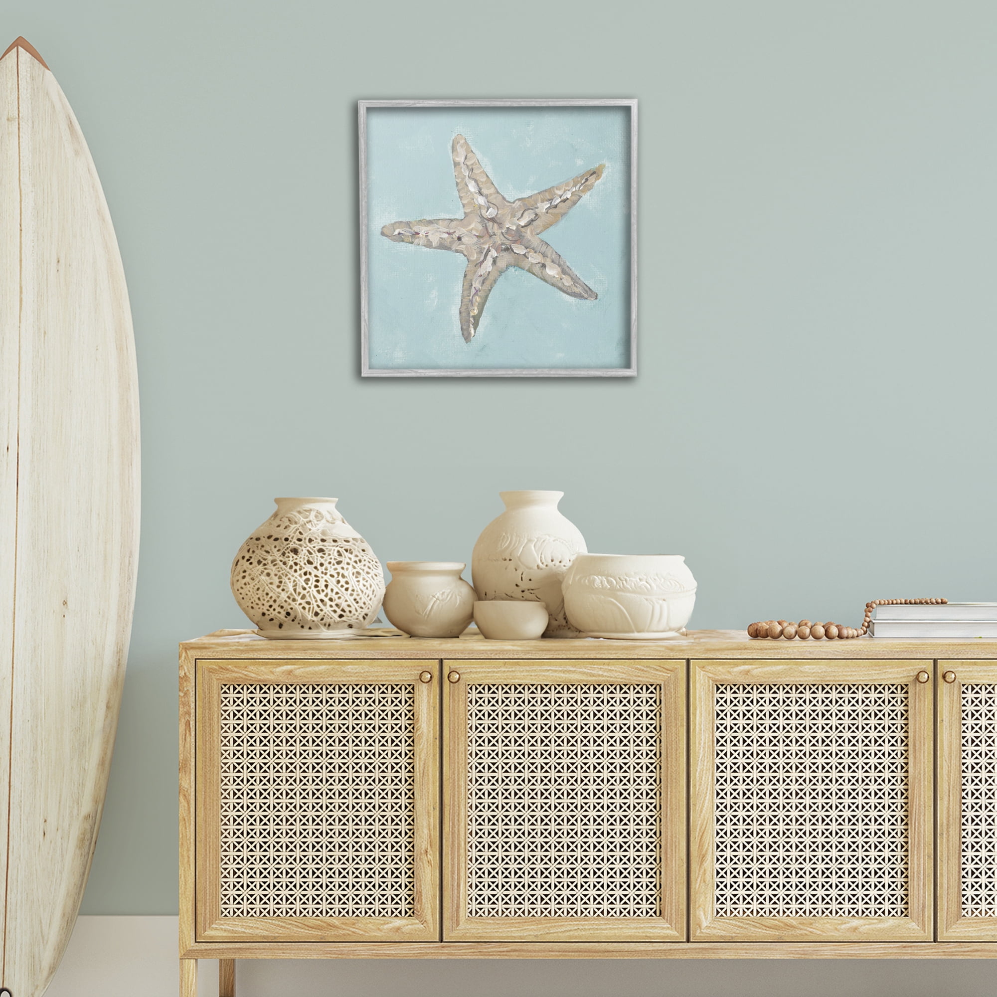 Stupell Industries Blue Starfish Impression Coastal Painting Gray Framed Art Print Wall Art, 24 x 24