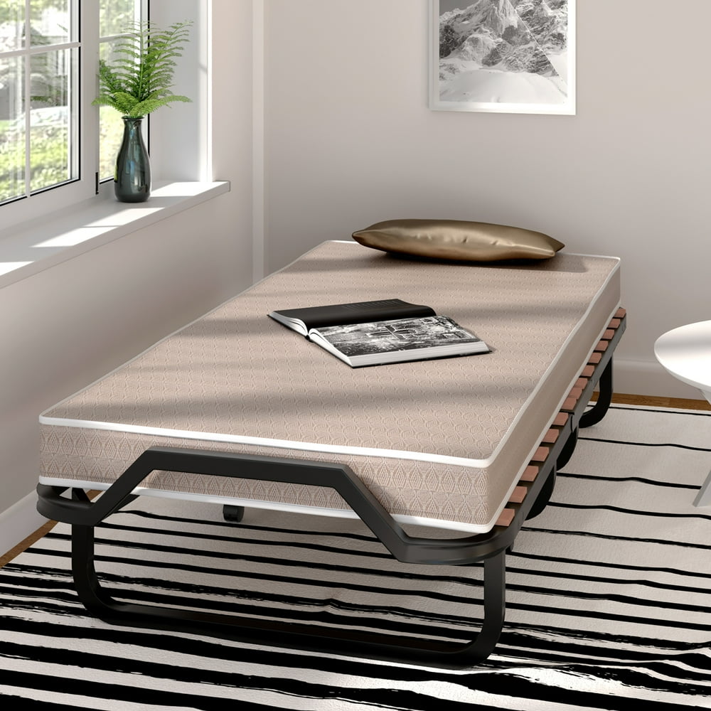 Folding Bed with Mattress, Rollaway Guest Bed with Sturdy Metal Frame