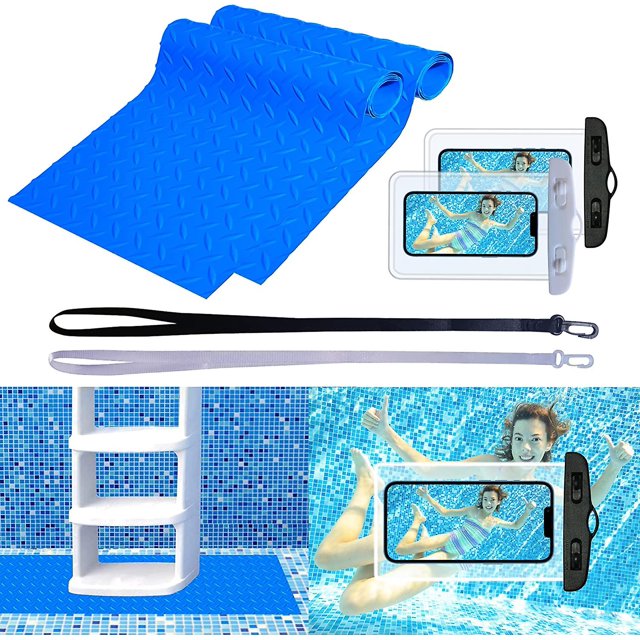 2 rollos de alfombrilla antideslizante para piscina que incluye 2 fundas impermeables para teléfono. Alfombrilla para escalera de piscina, alfombrilla para escalones de piscina con textura antide