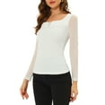 thumbnail image 4 of INSPIRE CHIC Women's Square Neck Blouses Sheer Mesh Long Sleeve Slim Fit Textured Ruched Top M White, 4 of 7