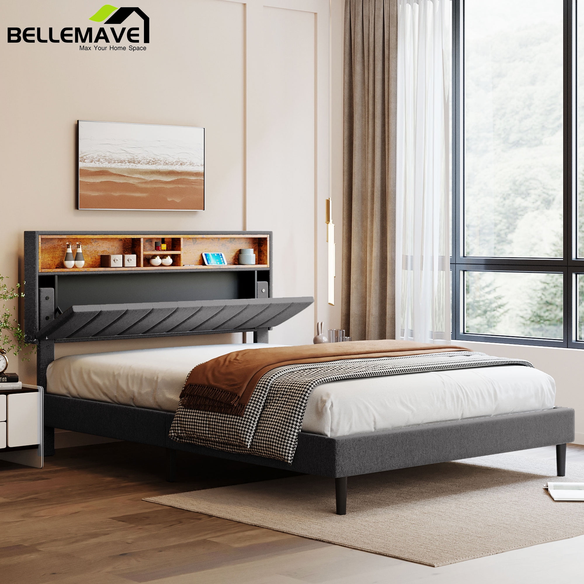 Bellemave Upholstered Queen Platform Bed with Storage Headboard and USB
