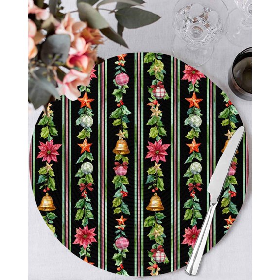 15 Inch Round Placemats Set of 6, Christmas Black Non Slip Heat Insulation PP Table Mats, Xmas Poinsettia Leaves Farmhouse Stripes Washable Place Mats for Kitchen Dining Party Table Decor