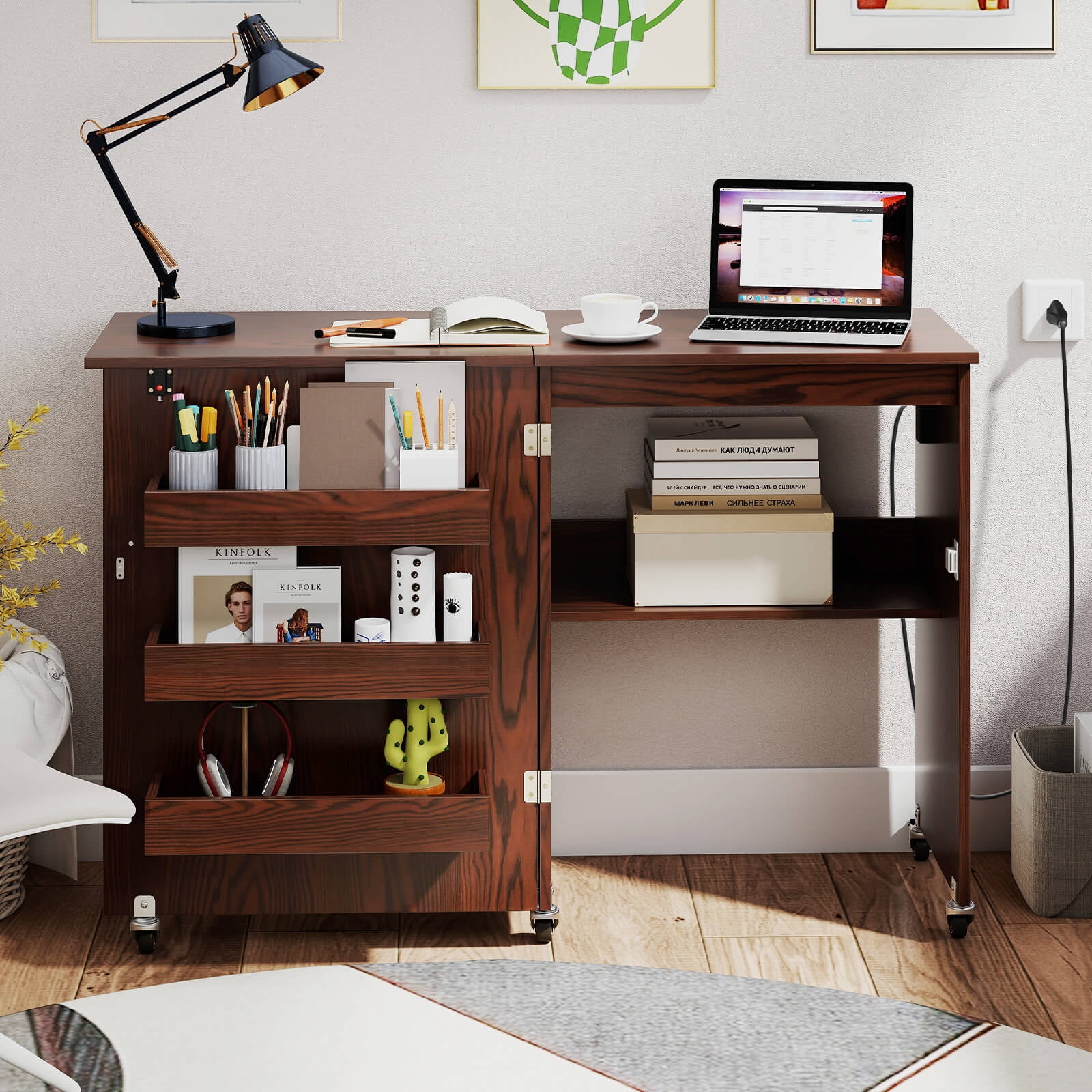Costway Folding Sewing Table Rolling Craft Station with 3 Storage Bins & Charging Station Brown