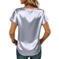 thumbnail image 3 of Women Satin Short Sleeve Blouse Crew Neck Loose Fit Casual Basic Top Lightweight Soft Silky TShirt for Everyday Wear Gray XL, 3 of 5