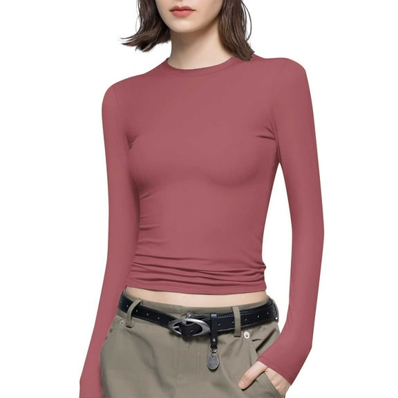 Long Sleeve Bodysuit Tops for Women Graphic Tie-dye/Striped Print Crew Neck Basic Workout Casual Tee Shirt Slim Fit (X-Large, Watermelon Red)