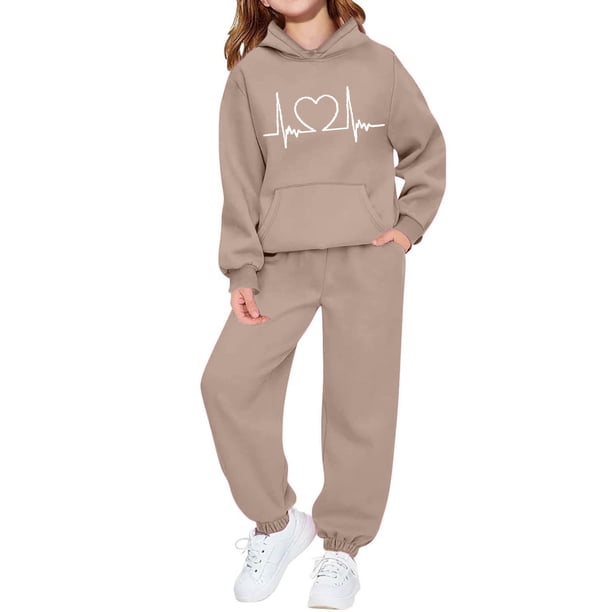 Conjunto de sudadera con capucha de manga larga para niños con estampado en forma de corazón y pantalones deportivos con lazo en las piernas, conjunto deportivo informal de dos piezas para niños, poli