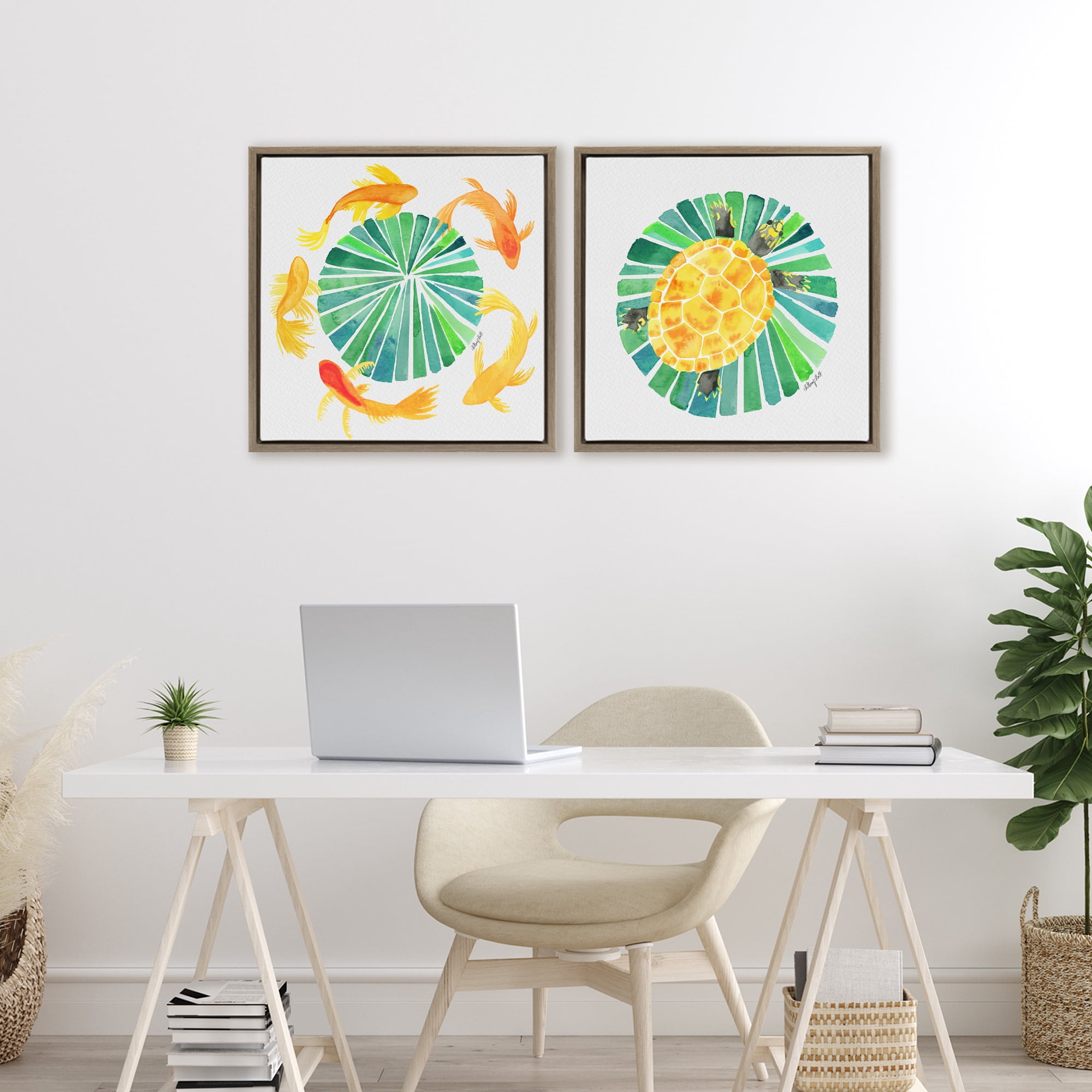 Stupell Industries Orbital Aquatic Creatures 2 Piece Brown Framed Floater Canvas Set, design by Hillary Holt